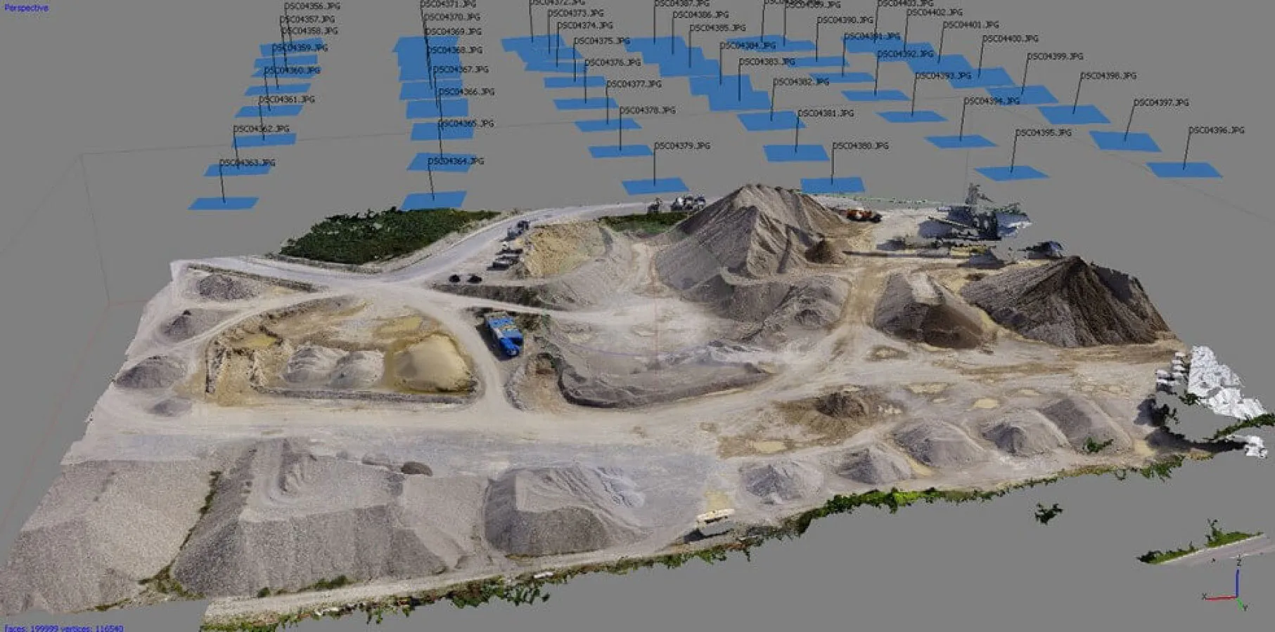 Photogrammetry preview of a 3D visualization calculated from individual images of a drone survey flight.