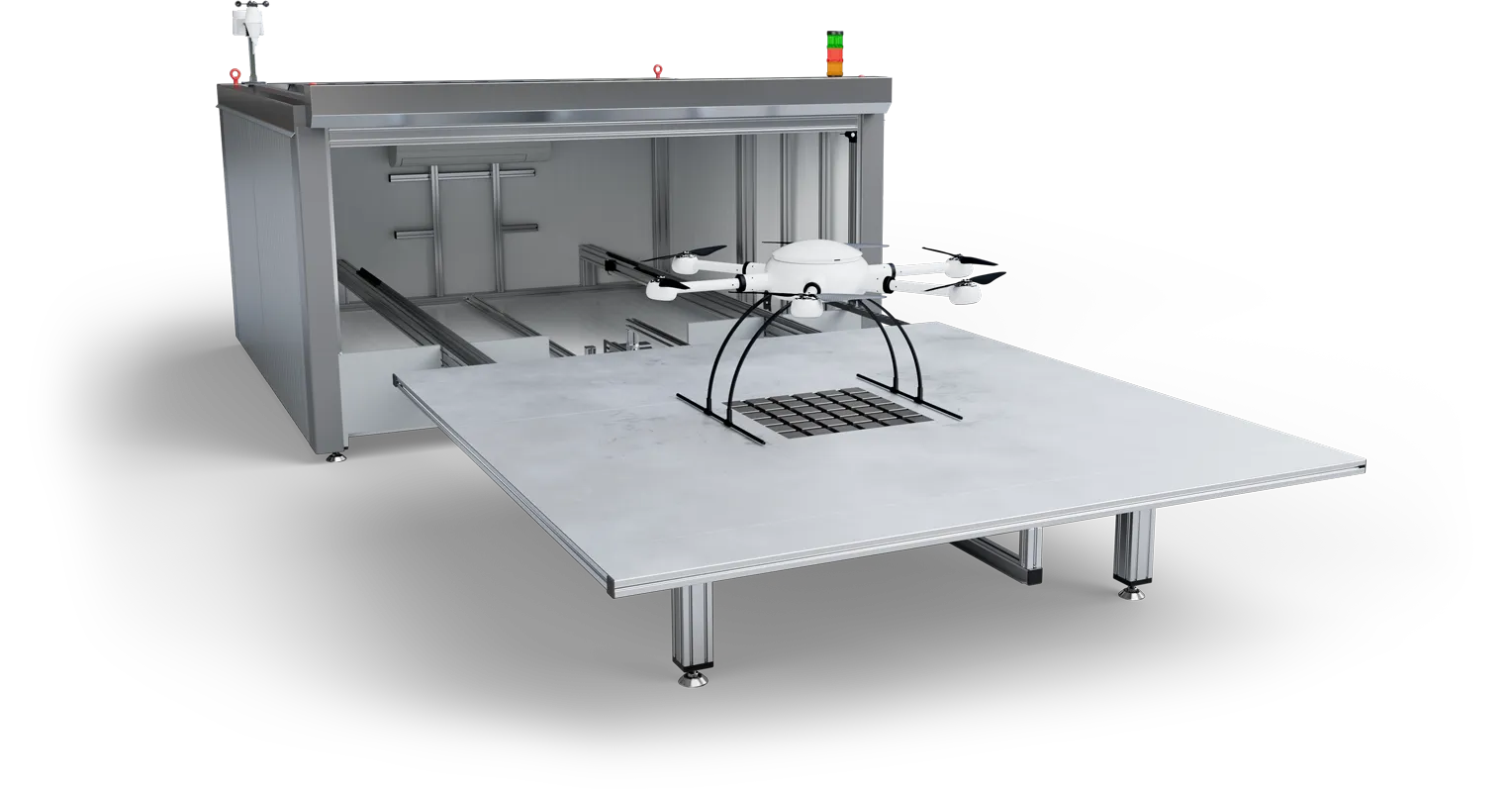 Exabotix DronePort Vue du hangar depuis le haut à gauche avec le drone Mercury pour des missions de drone répétitives et automatisées.