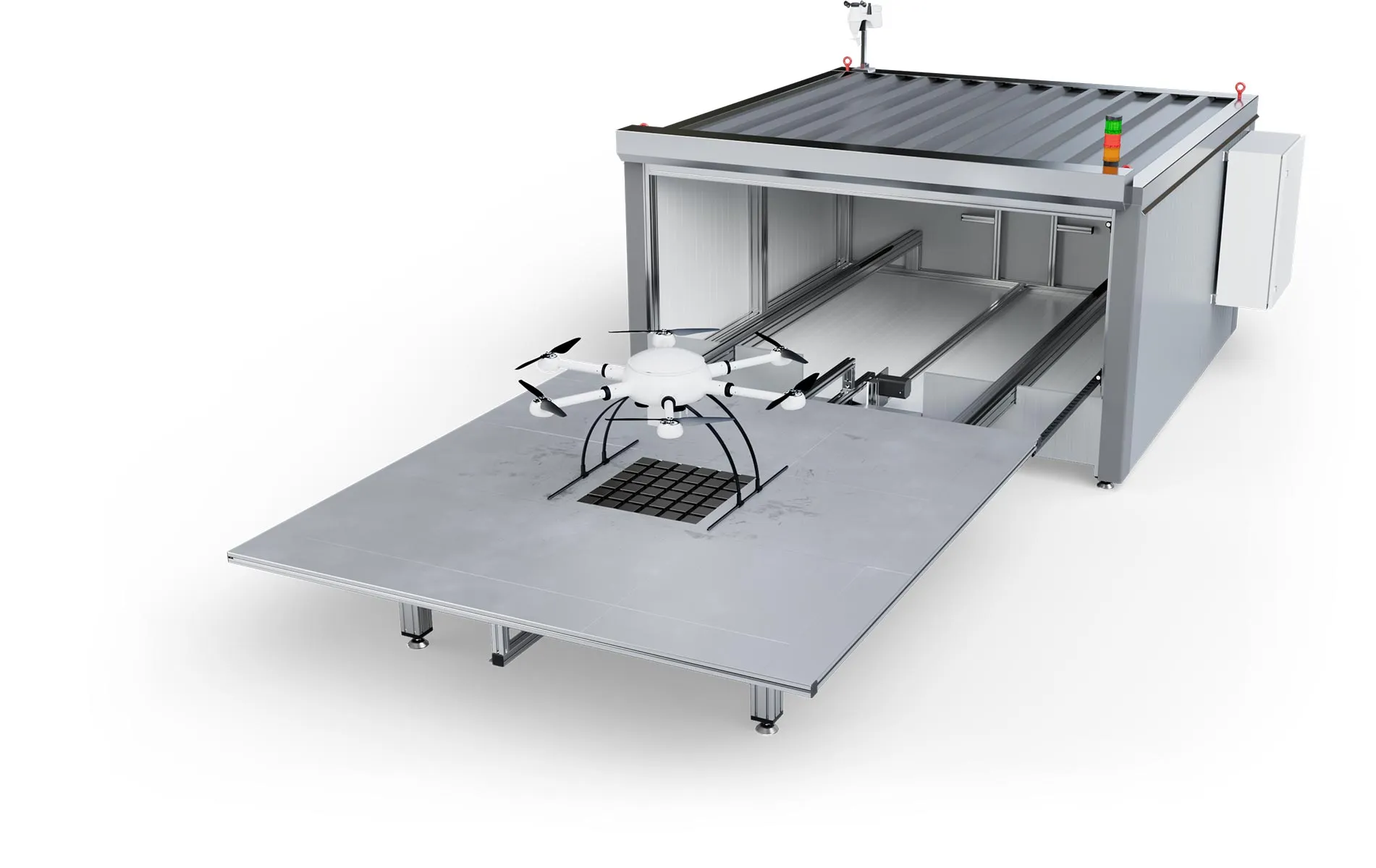 Exabotix DronePort LiDAR حظيرة عرض أعلى يمين مع طائرة بدون طيار Mercury LiDAR لمهام المسح الدقيقة والمسح الضوئي ثلاثي الأبعاد.