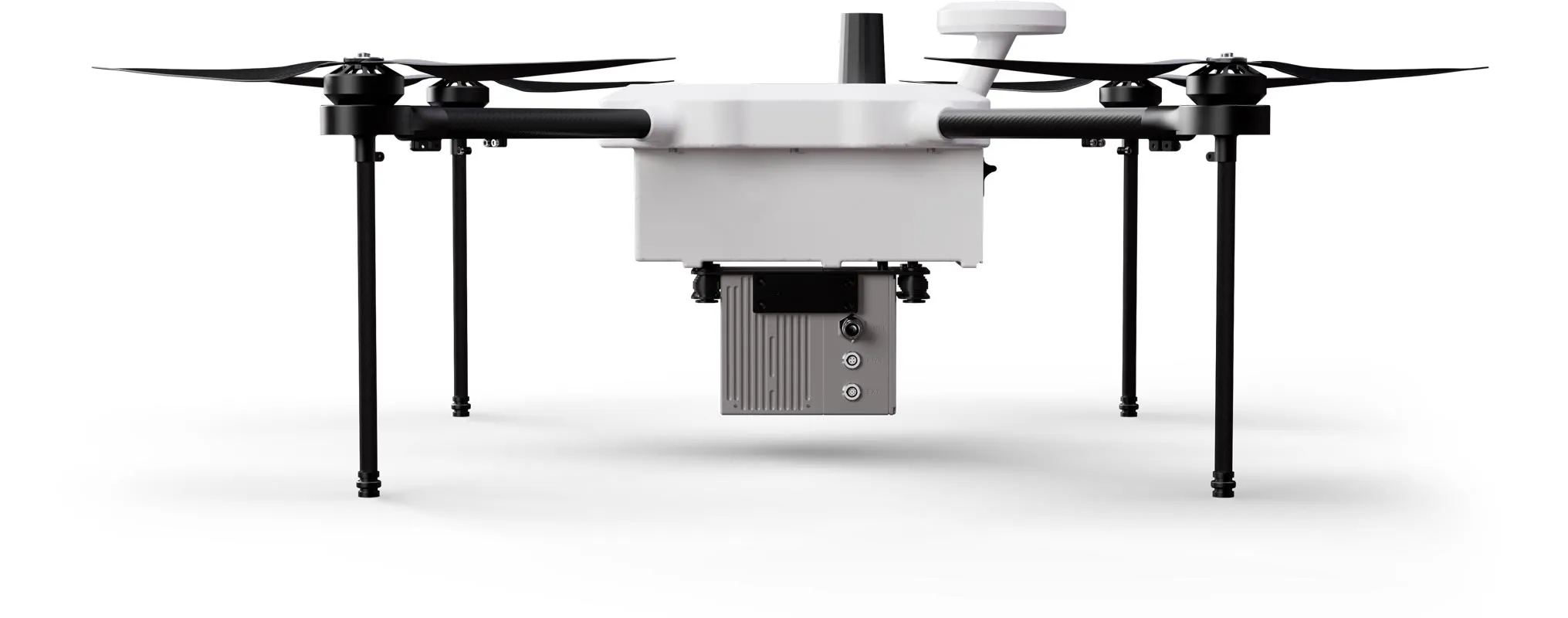 Exabotix Zelos LiDAR Industrial drone front view with LiDAR scanner for precise 3D scanning and surveying tasks.