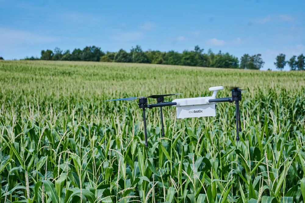 Exabotix Zelos Drone survolant un champ de maïs.