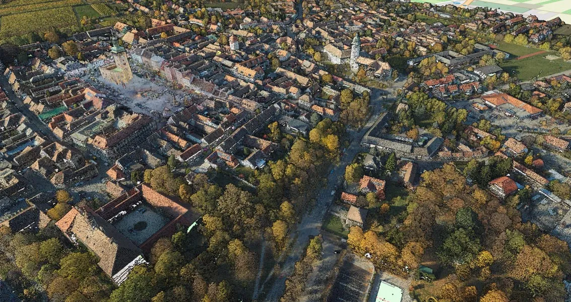 Visualisierung einer Punktwolke einer Stadt die mittels LiDAR-Scanner und Drohne erfasst wurde.