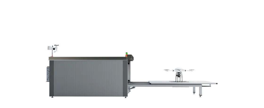 Exabotix DronePort Security Hangar-Seitenansicht von links mit Mercury Drohne und Dual Gimbal für Inspektions- und Kontrollaufgaben.